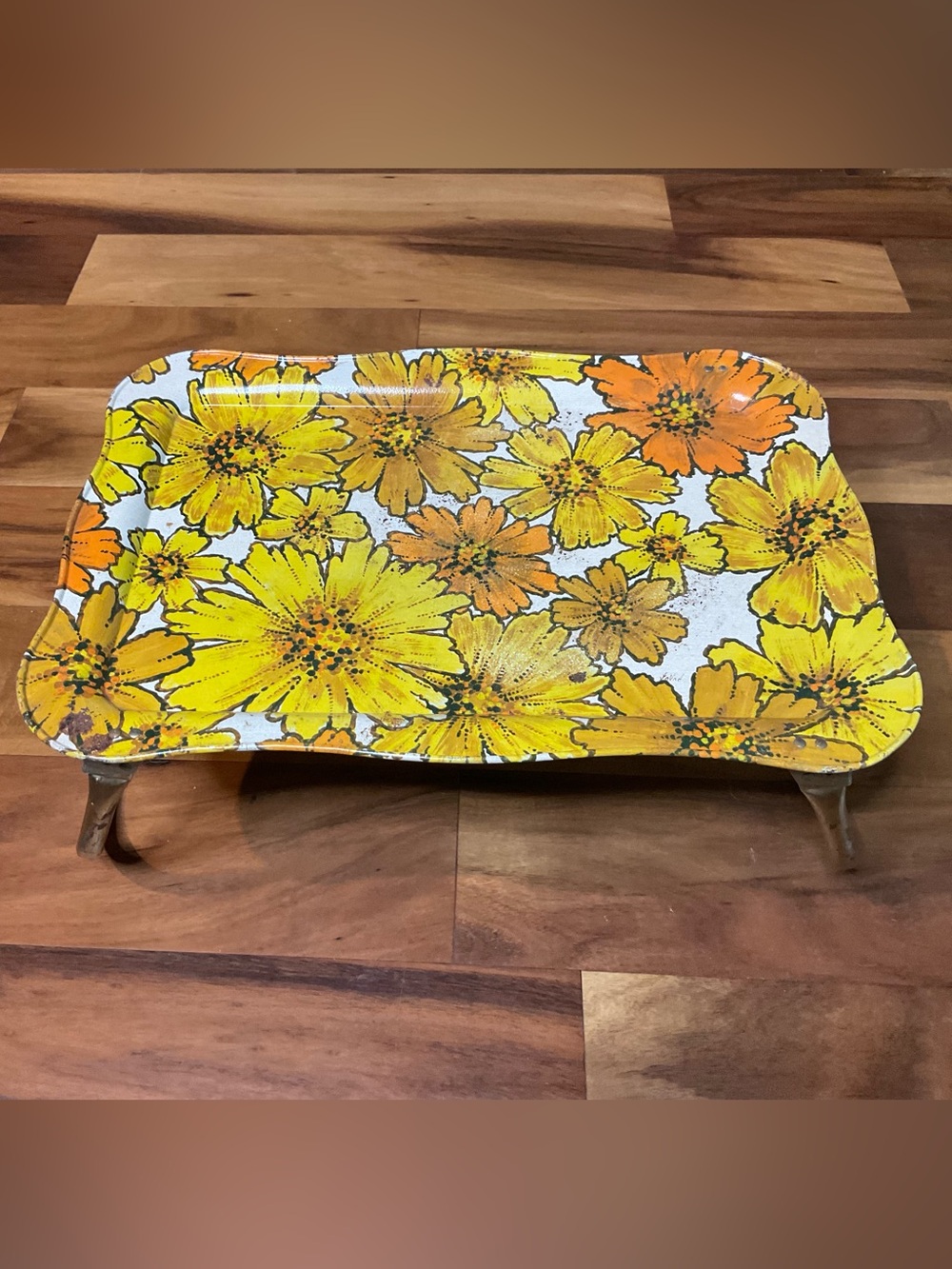 Vintage Lavada Metal Sunflower TV Tray Folding Legs